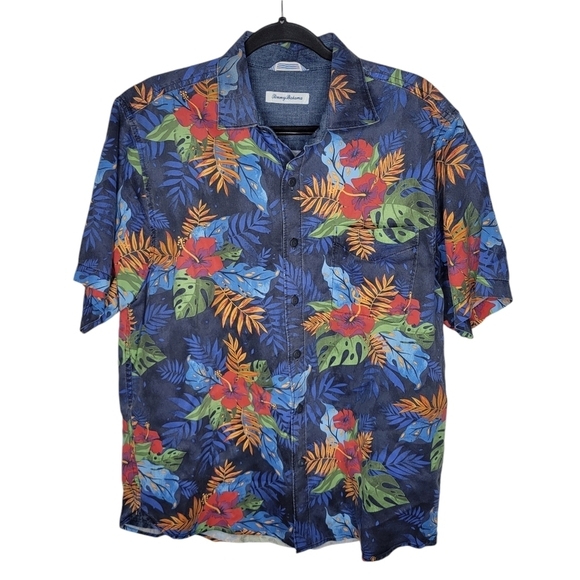 Tommy Bahama Royal Botanic Ocean Deep Blue Floral Short Sleeve Shirt Twill $148 - Picture 1 of 5
